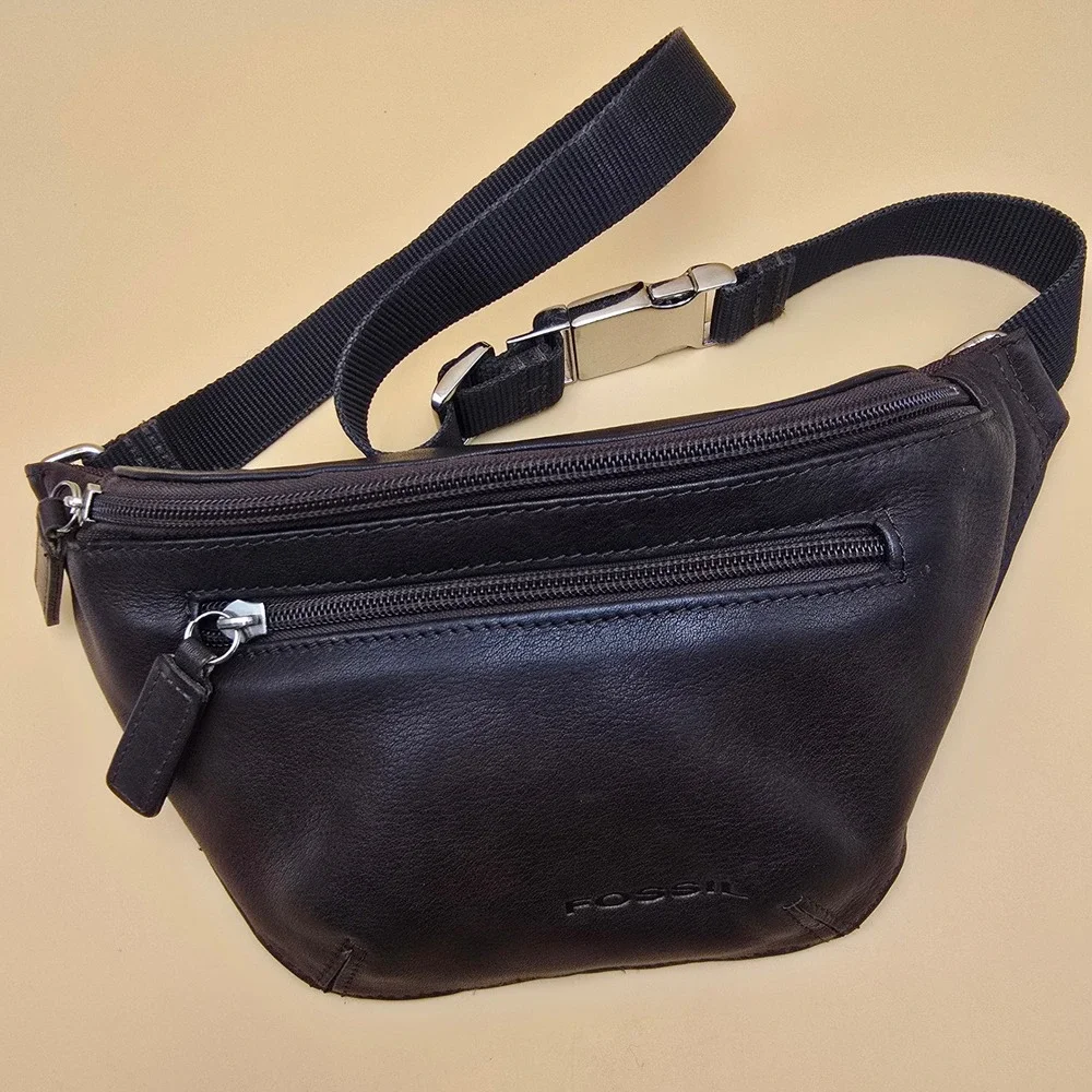Fossil Womens Leather Belt Bag Waist Pack Dark Brown  Strap Zip Pockets